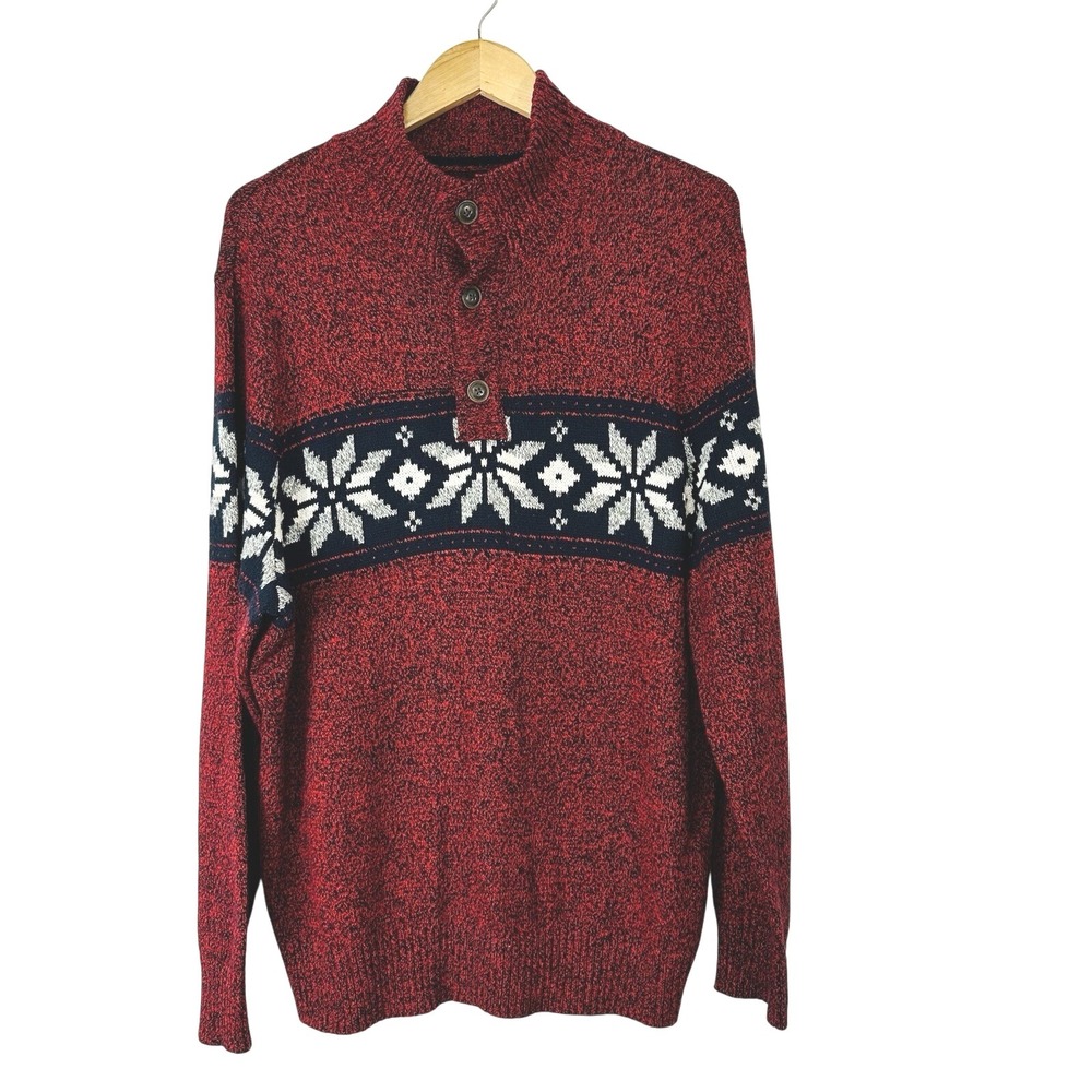 American Eagle Henley Sweater Mens XL Pullover Red Fair Isle‎ Nordic Winter Fall